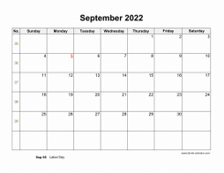 Blank Calendar for September 2022 (US Holidays, horizontal)