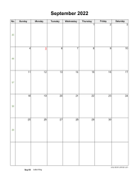 September 2022 Blank Calendar (US Holidays, vertical)