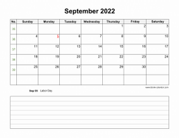 September 2022 Blank Calendar (horizontal, space for notes)