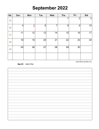 September 2022 Blank Calendar (vertical, space for notes)