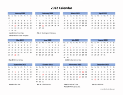 Blank Calendar 2022 (US Holidays, one page, horizontal)