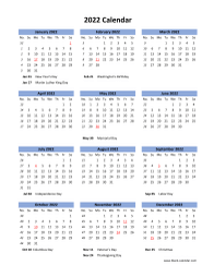 Blank Calendar 2022 (US Holidays, one page, vertical)
