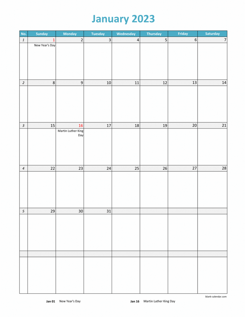 Free Download 2023 Excel Calendar, full page table grid, US holidays ...