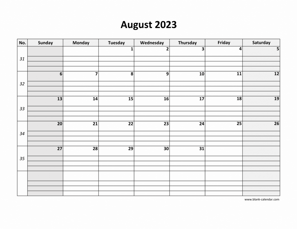 Free Download Printable August 2023 Calendar Large Box Grid Space For