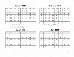 2023 excel calendar, four month in landscape format
