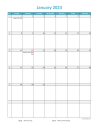2023 Excel Calendar, full page table grid, US holidays (vertical)
