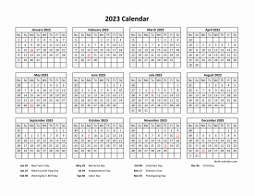 Yearly 2023 calendar with federal holidays