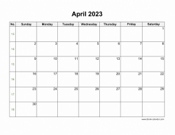 April 2023 Blank Calendar (horizontal)