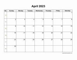 April 2023 Blank Calendar with US Holidays (horizontal)