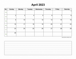 April 2023 Blank Calendar (horizontal, space for notes)