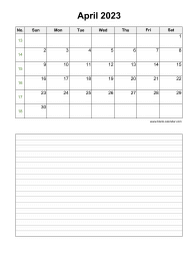 April 2023 Blank Calendar (vertical, space for notes)