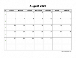 August 2023 Blank Calendar with US Holidays (horizontal)