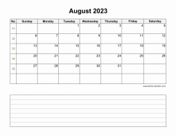 August 2023 Blank Calendar (horizontal, space for notes)
