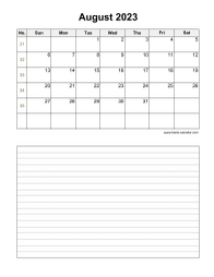 August 2023 Blank Calendar (vertical, space for notes)