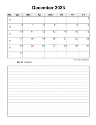 December 2023 Blank Calendar (vertical, space for notes)