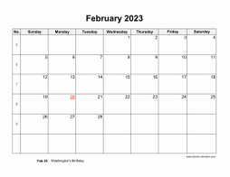 February 2023 Blank Calendar with US Holidays (horizontal)