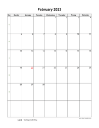 February 2023 Blank Calendar (US Holidays, vertical)