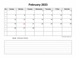 February 2023 Blank Calendar (horizontal, space for notes)