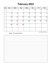 February 2023 Blank Calendar (Space for Notes, Vertical)