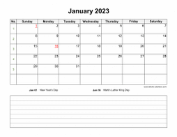 January 2023 Blank Calendar (horizontal, space for notes)