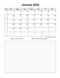 January 2023 Blank Calendar (vertical, space for notes)