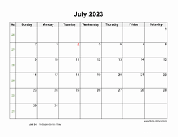 July 2023 Blank Calendar (horizontal)