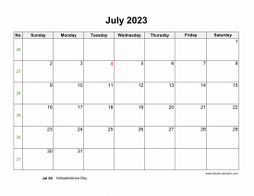 July 2023 Blank Calendar with US Holidays (horizontal)