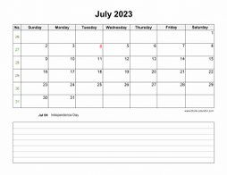 July 2023 Blank Calendar (horizontal, space for notes)