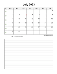 July 2023 Blank Calendar (vertical, space for notes)