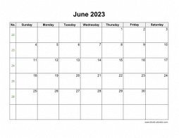 June 2023 Blank Calendar with US Holidays (horizontal)