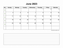 June 2023 Blank Calendar (horizontal, space for notes)
