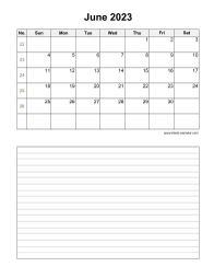 June 2023 Blank Calendar (vertical, space for notes)