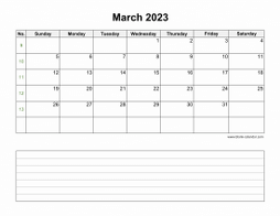 March 2023 Blank Calendar (horizontal, space for notes)