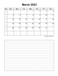 March 2023 Blank Calendar (vertical, space for notes)