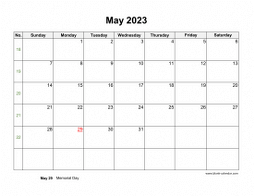 May 2023 Blank Calendar with US Holidays (horizontal)