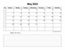 May 2023 Blank Calendar (horizontal, space for notes)