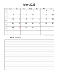 May 2023 Blank Calendar (vertical, space for notes)