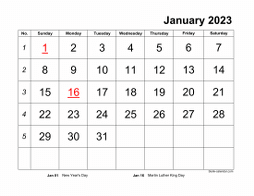Monthly 2023 calendar with large font design, landscape orientation (horizontal)