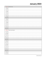 Monthly 2023 calendar, days vertically, space for appointment
