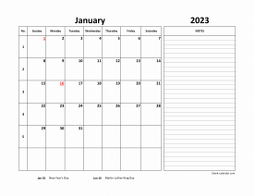Monthly 2023 calendar with week numbers, space for notes on the right