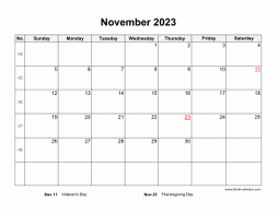 November 2023 Blank Calendar with US Holidays (horizontal)