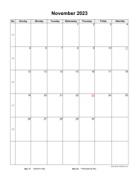 November 2023 Blank Calendar (US Holidays, vertical)