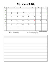 November 2023 Blank Calendar (vertical, space for notes)