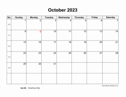 October 2023 Blank Calendar (horizontal)