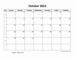 October 2023 Blank Calendar with US Holidays (horizontal)