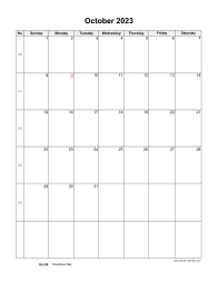 October 2023 Blank Calendar (US Holidays, vertical)