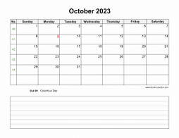 October 2023 Blank Calendar (horizontal, space for notes)