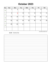 October 2023 Blank Calendar (vertical, space for notes)