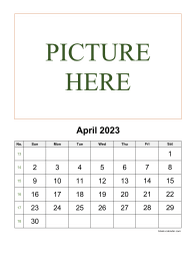 Printable April 2023 Calendar, pictures can be placed at the top