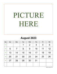 Printable August 2023 Calendar, pictures can be placed at the top
